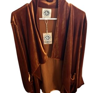 Tees2urdoor Velvet Rust Brown Open Cardigan with pockets long sleeve nice size l